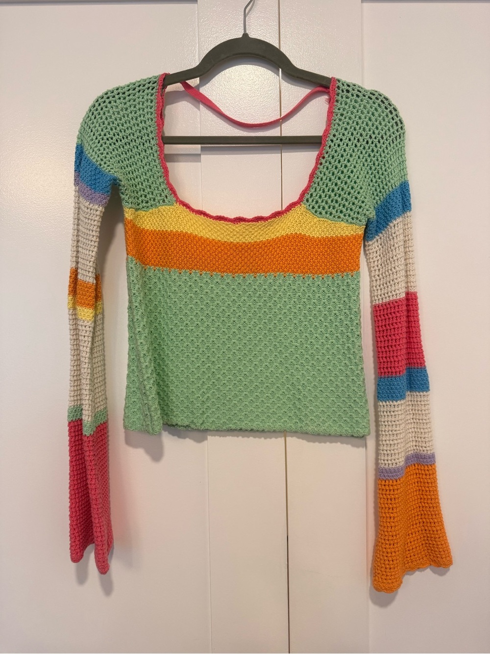 Pink Lily Mint Green Multicolor Crochet Scoop-Neck Top
